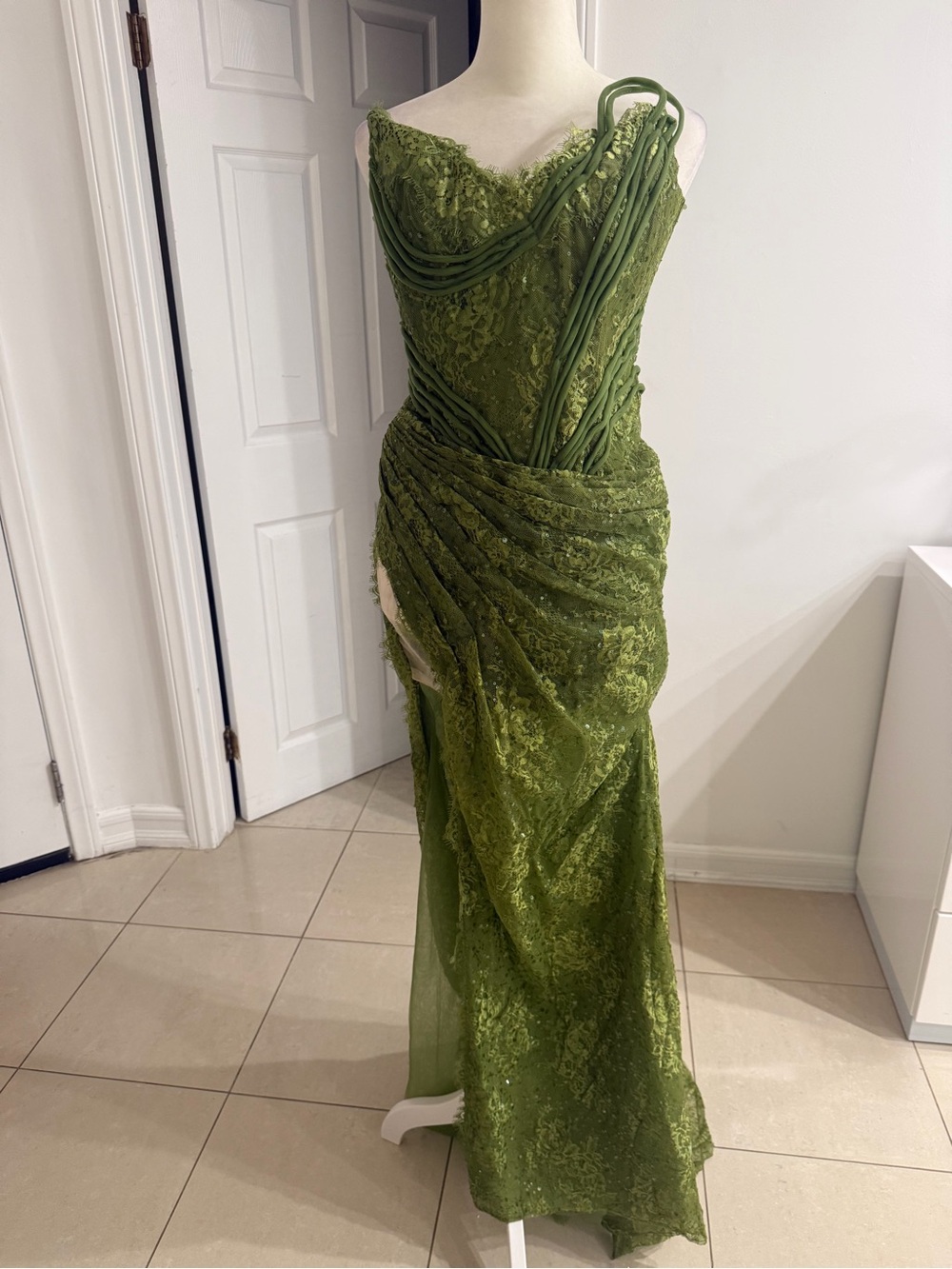 Olive Green Lace Draped Evening Dress